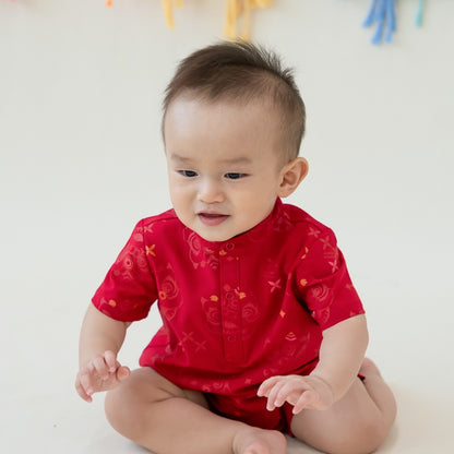 Lion Dance Series - Baby Boy Romper in Red Festive Lion Print by Le Petit Society — image 3