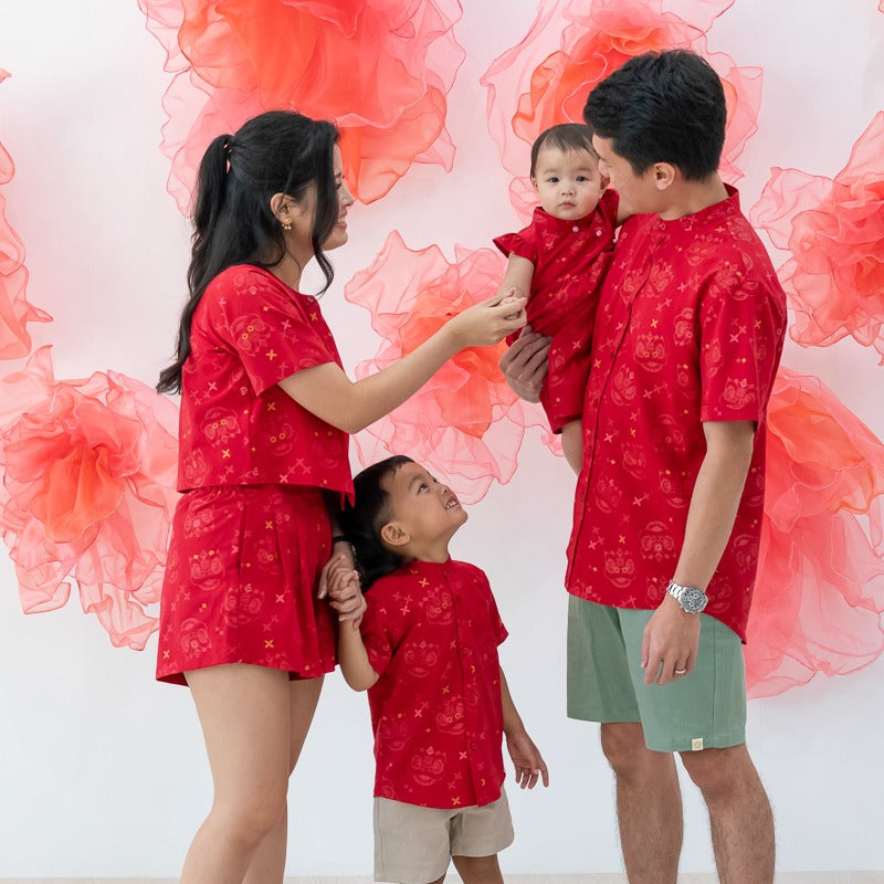 Lion Dance Series - Ladies Boxy Shirt in Red Festive Lion Print by Le Petit Society — image 4