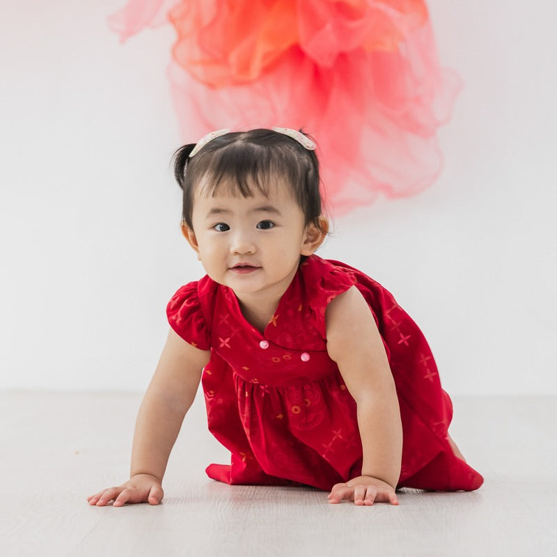Lion Dance Series - Baby Girl Cheongsam in Red Festive Lion Print by Le Petit Society — image 3