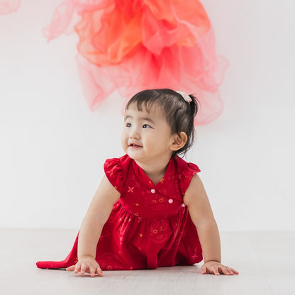 Lion Dance Series - Baby Girl Cheongsam in Red Festive Lion Print by Le Petit Society