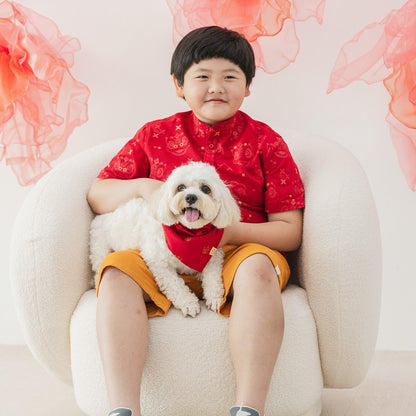 Lion Dance Series - Boys Shirt in Red Festive Lion Print by Le Petit Society