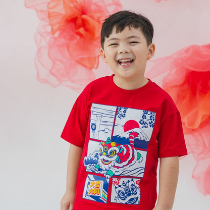 Lion Dance Series - Kids Comic Print Tee in Red by Le Petit Society