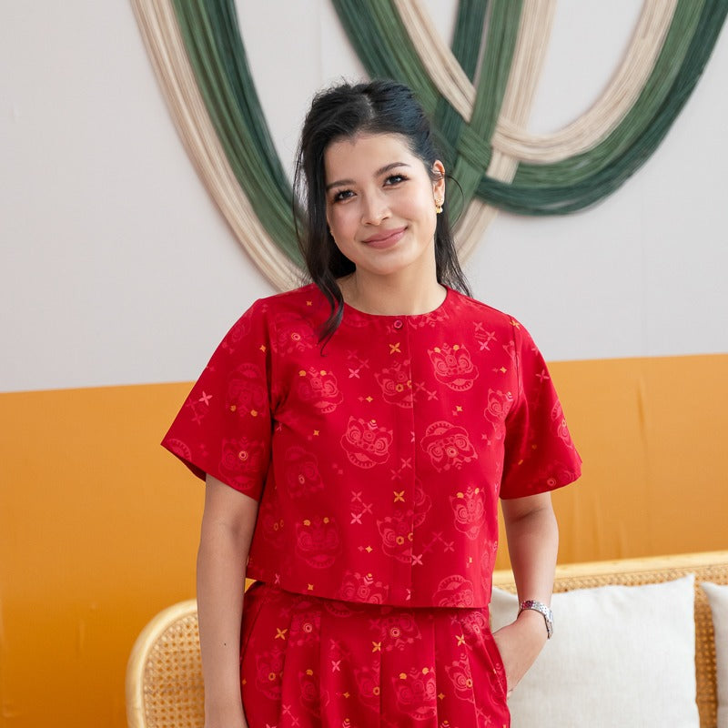 Lion Dance Series - Ladies Boxy Shirt in Red Festive Lion Print by Le Petit Society — image 2