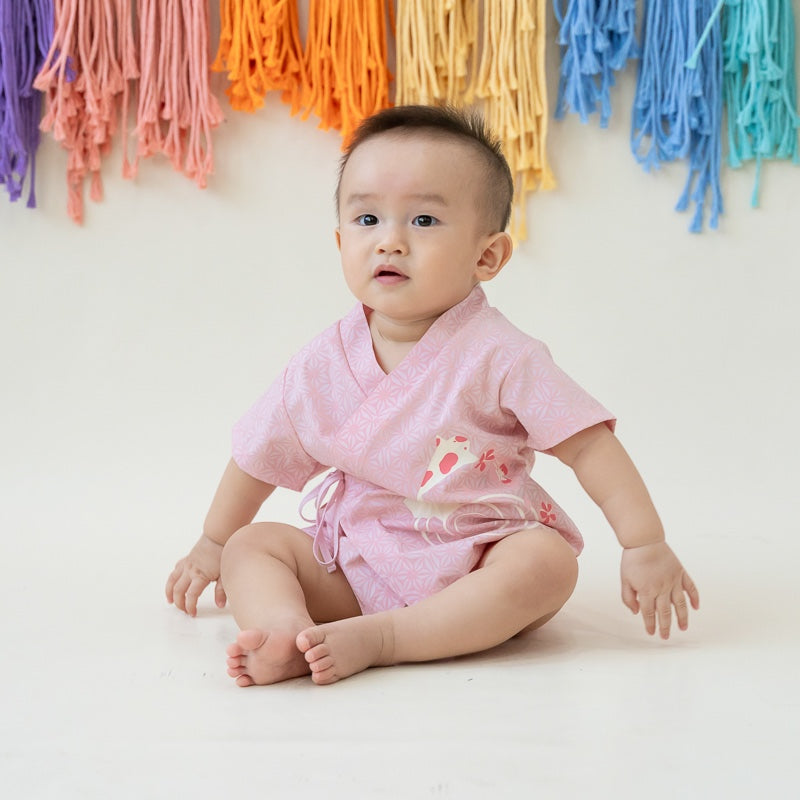 Oriental series - Baby Kimono Romper in Pink Origami Koi Print by Le Petit Society — image 2