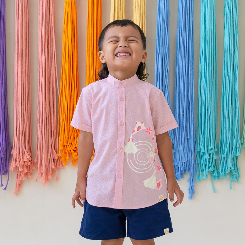 Oriental Series - Boys Shirt in Pink Origami Koi Print by Le Petit Society