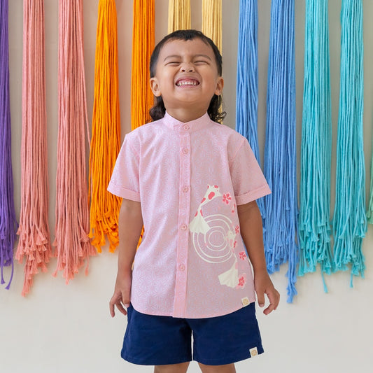 Oriental Series - Boys Shirt in Pink Origami Koi Print by Le Petit Society