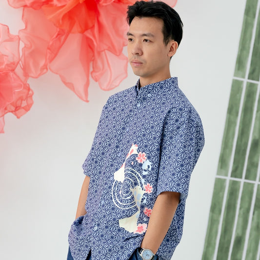 Oriental Series - Men's Shirt in Navy Origami Koi Print (Relaxed Fit) by Le Petit Society