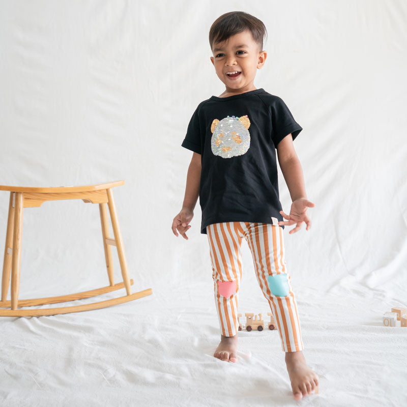 Kids Brown Striped Leggings with Panda Patches by Le Petit Society — image 3