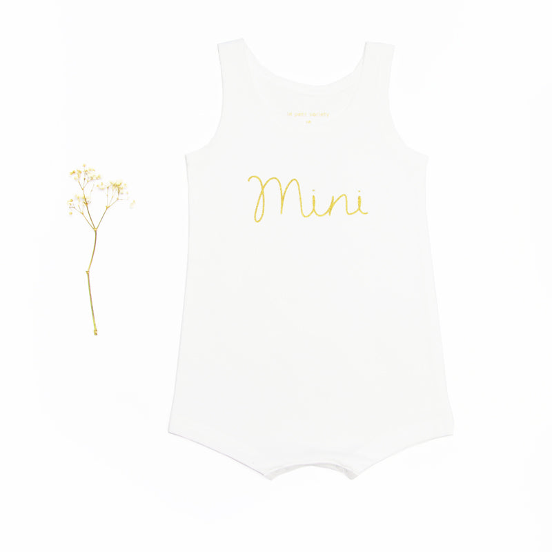 Family Tees - Mini Baby Sleeveless Romper in White/Gold by Le Petit Society
