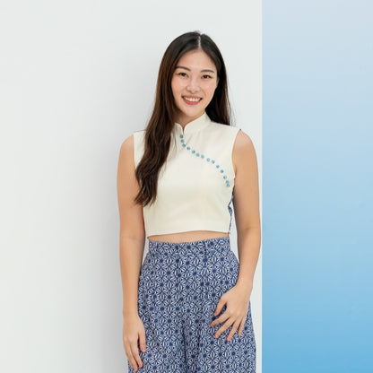 Oriental Series - Ladies Cheongsam Top in Navy Wagara Print by Le Petit Society — image 3