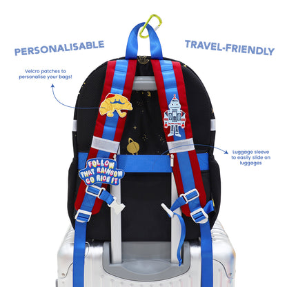 Infographic showing the personalisable and travel-friendly aspects of the LPS kids single pocket school bag.