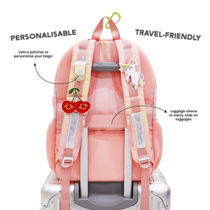The personalisable and travel-friendly aspects of the LPS kids double pocket school bag.