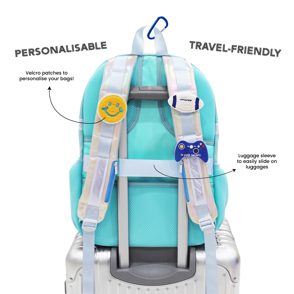 The personalisable and travel-friendly aspects of the LPS kids double pocket school bag.