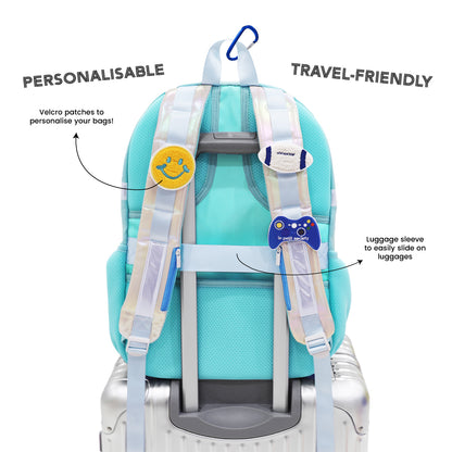 The personalisable and travel-friendly aspects of the LPS kids double pocket school bag.