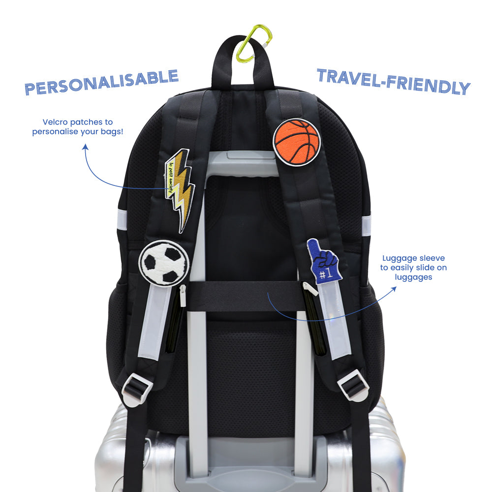 The personalisable and travel-friendly aspects of the LPS kids double pocket school bag.