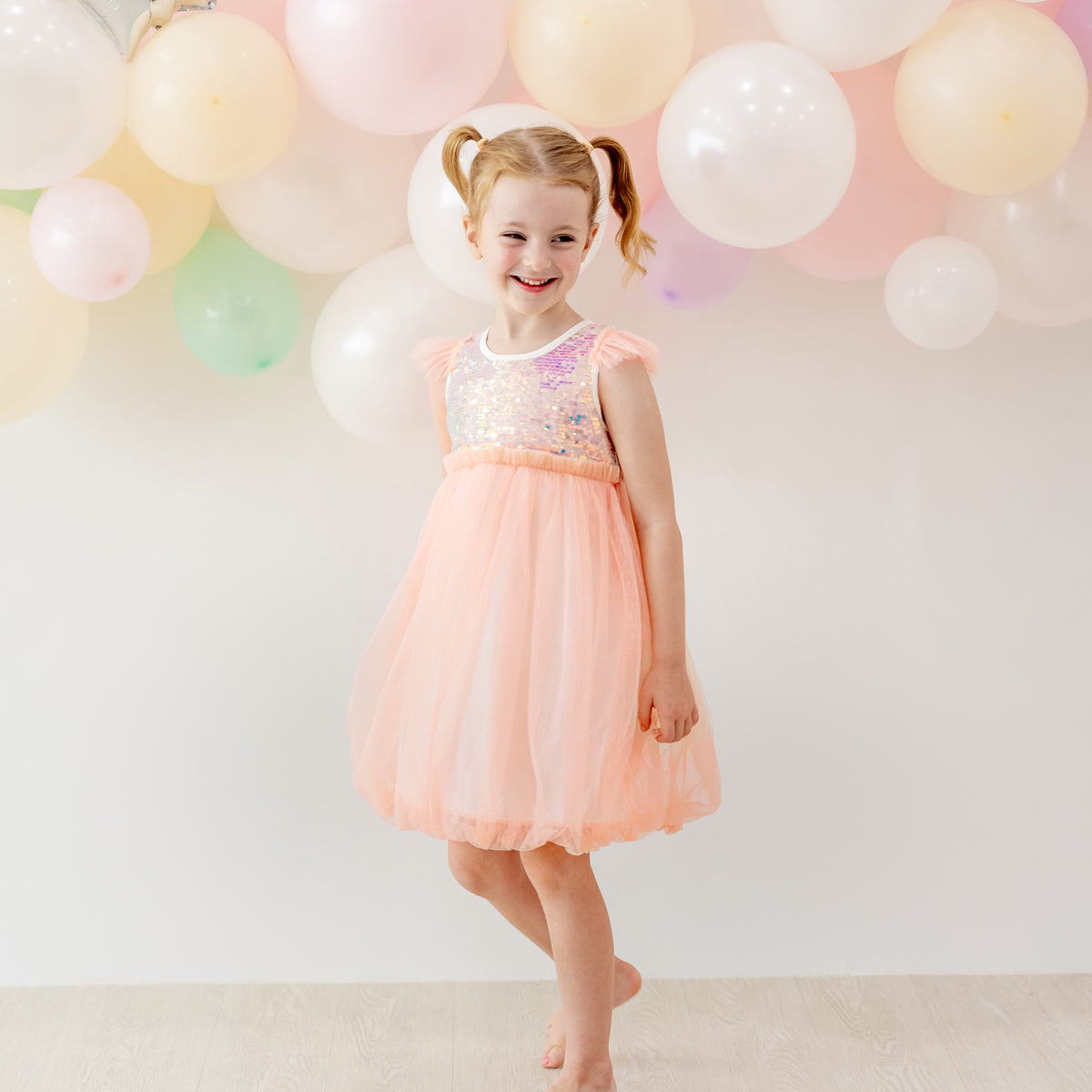 Flower Girl Series - Sequin Mini Bubble Dress in Peach by Le Petit Society — image 2