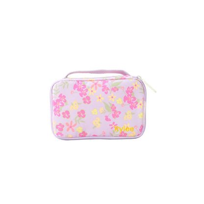 Le Petit Society's Explorer Pouch and Pencil Case in purple, with a floral print and personalised name embroidery.