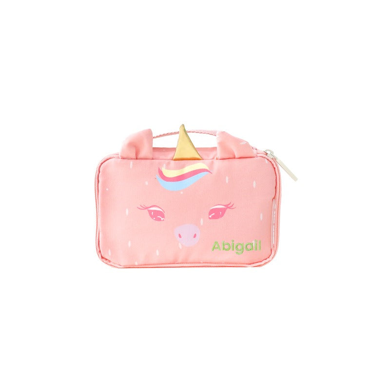 A pink pencil case with a unicorn design and a personalised name embroidery at the front.