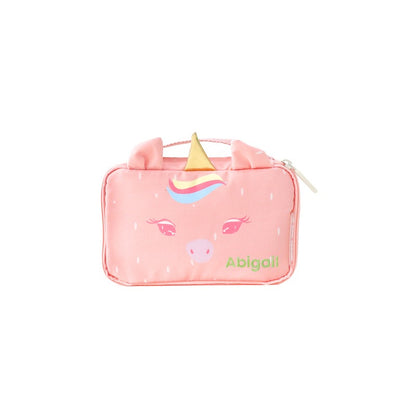 A pink pencil case with a unicorn design and a personalised name embroidery at the front.