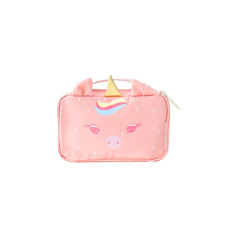 A pencil case and pouch in pink with a unicorn print.