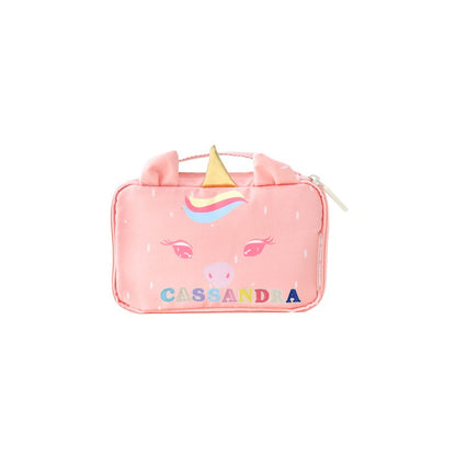 A pink unicorn pencil case with personalised name patches.