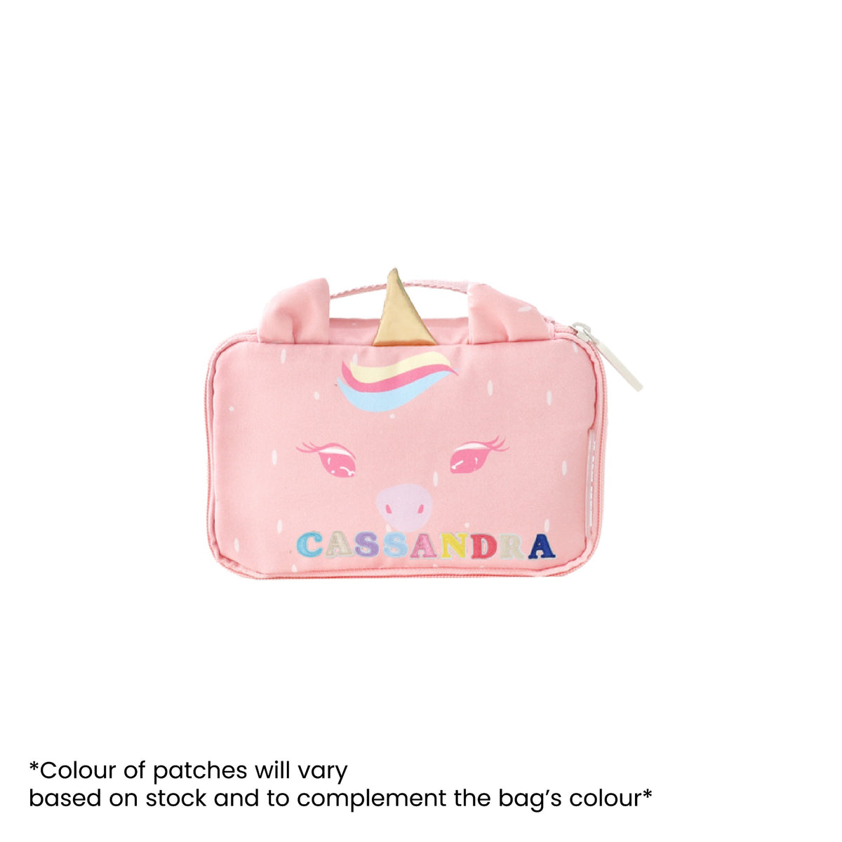The Explorer Pencil Case in a pink unicorn design, personalised with name patches.