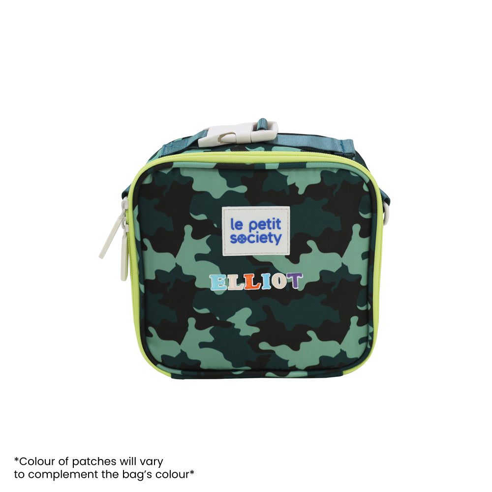 A camouflage-print thermal mini lunch bag with personalised name patches.