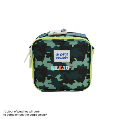 A camouflage-print thermal mini lunch bag with personalised name patches.