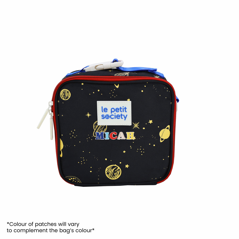 A thermal mini lunch bag personalised with name patches.