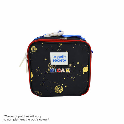 A thermal mini lunch bag personalised with name patches.