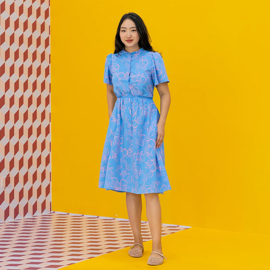 Mandarin Orange Series - Ladies Button Down Dress in Blue by Le Petit Society