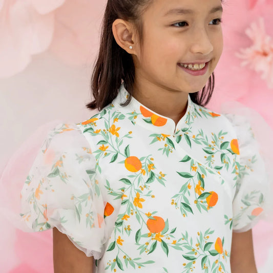 Mandarin Orange Series - Girls Cheongsam in White by Le Petit Society — image 2