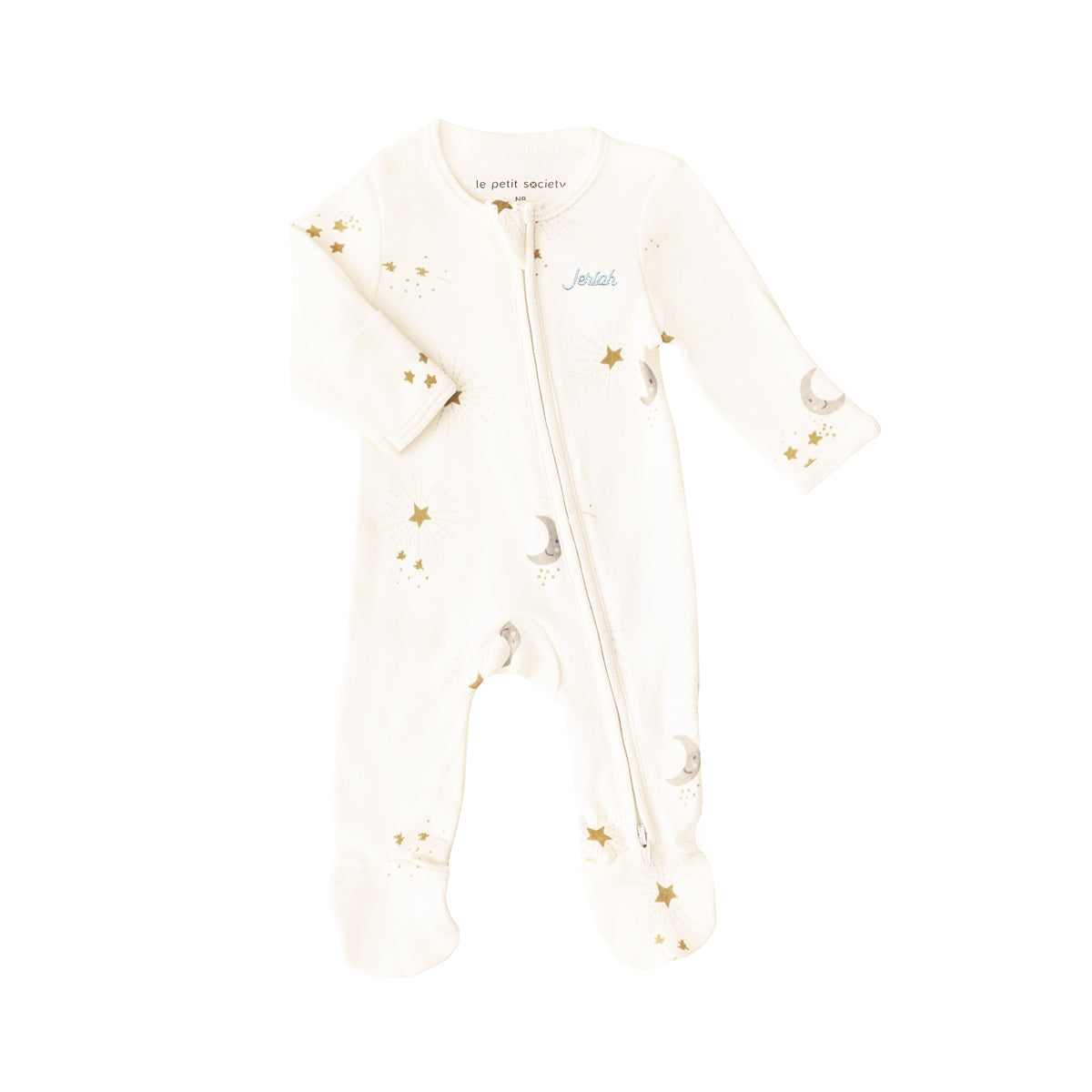 A baby organic zip sleepsuit with foldable mittens and footies by Le Petit Society, featuring a print of moon and stars over a cream base. 