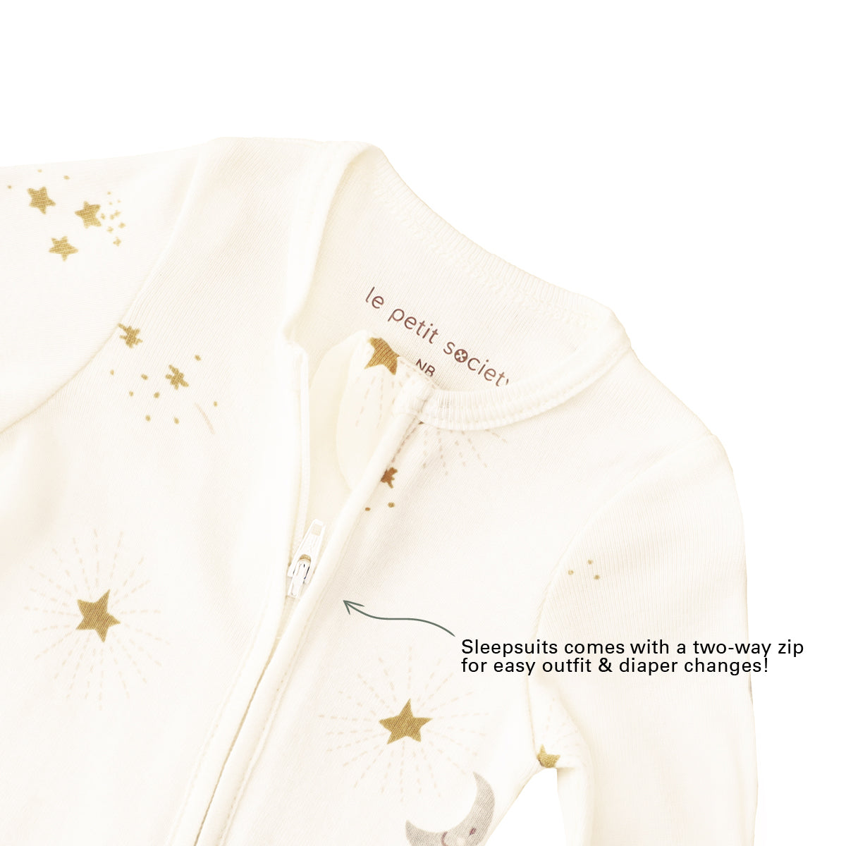 Infographic indicating the two-way zip of Le Petit Society's organic baby sleepsuit and its purpose of providing easy outfit and diaper changes.