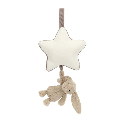 A front view of a soft star-shaped musical pull toy with a plush beige bunny hanging below, perfect for cribs or strollers. Calming and cuddly nursery accessory designed to soothe babies with gentle melodies.
