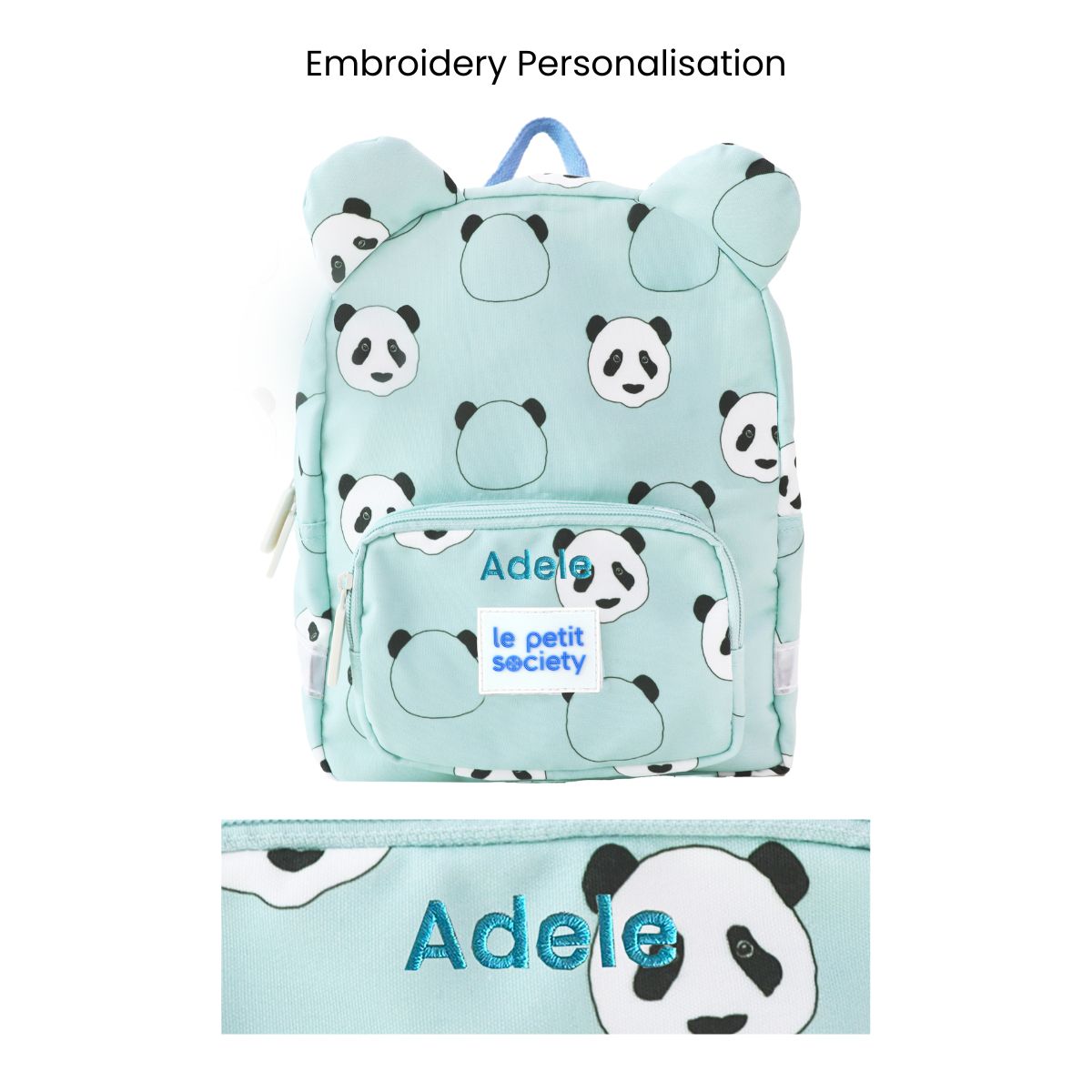 A mint green preschool bag with a panda print and personalised name embroidery.