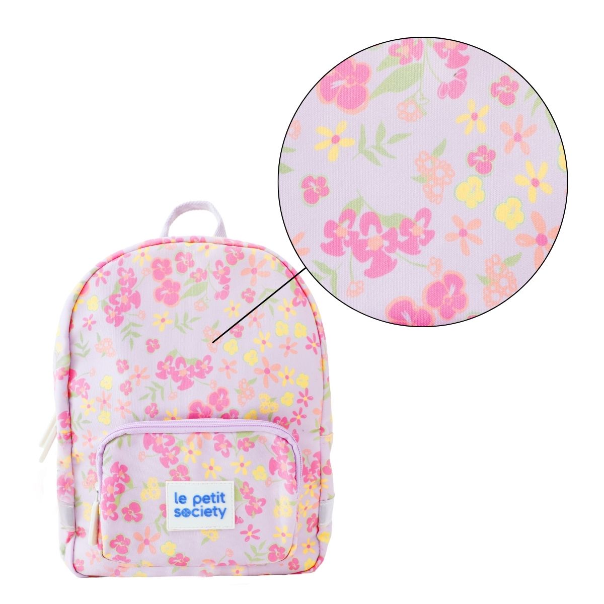 A close up of the floral print of a preschool bag.