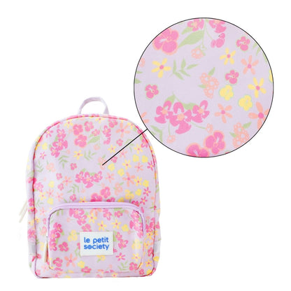 A close up of the floral print of a preschool bag.