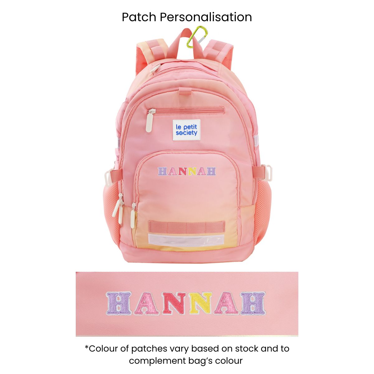 The LPS kids double pocket school bag with a pink and yellow ombre and personalised name patches.