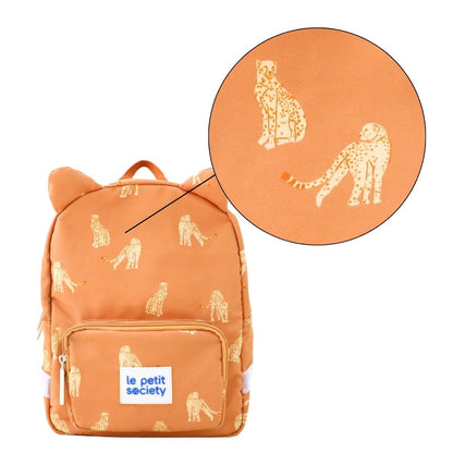A close-up of the leopard print of the preschool bag.