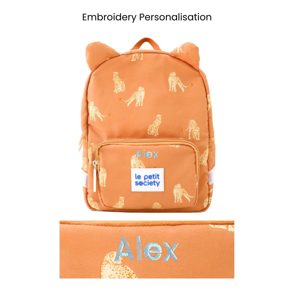 An orange preschool bag with a leopard print and personalised name embroidery.