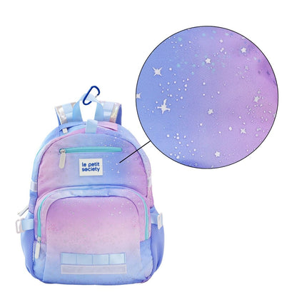 A close up of the galaxy print of the LPS kids single pocket school bag.