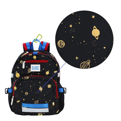 A close up of the planet print of the LPS kids single pocket school bag.