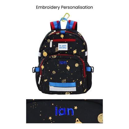 The LPS kids single pocket school bag in planets print with red and blue accents, and a personalised name embroidery.