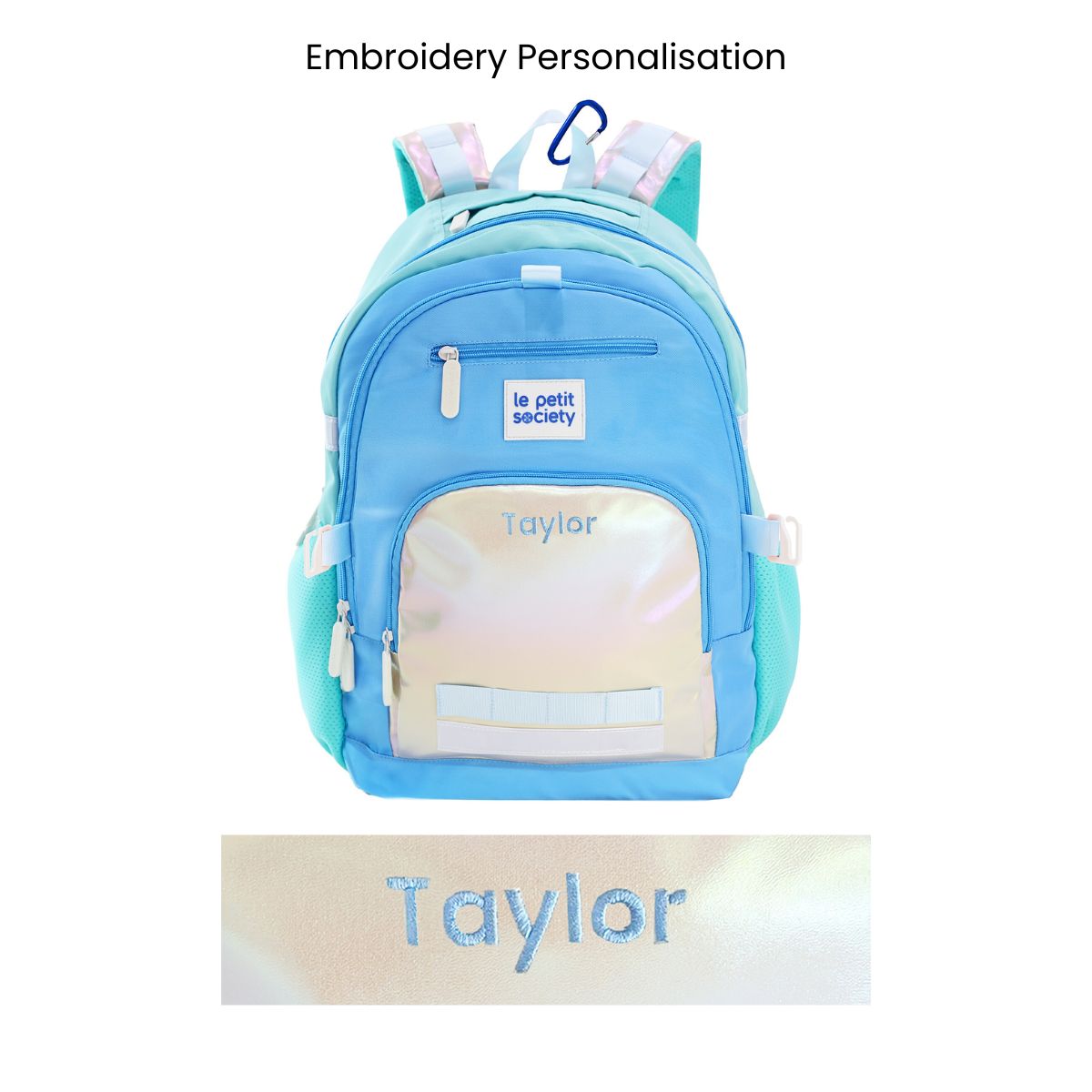 The LPS kids double pocket school bag in blue and silver, with a personalised name embroidery at the front.