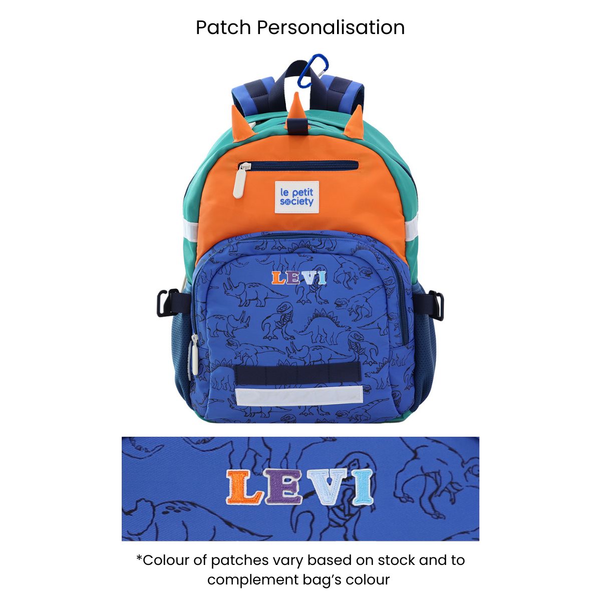 The LPS kids single pocket school bag with a dinosaur print and personalised name patches.