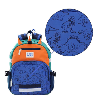 A close-up of the dinosaur print of the LPS kids single pocket school bag.