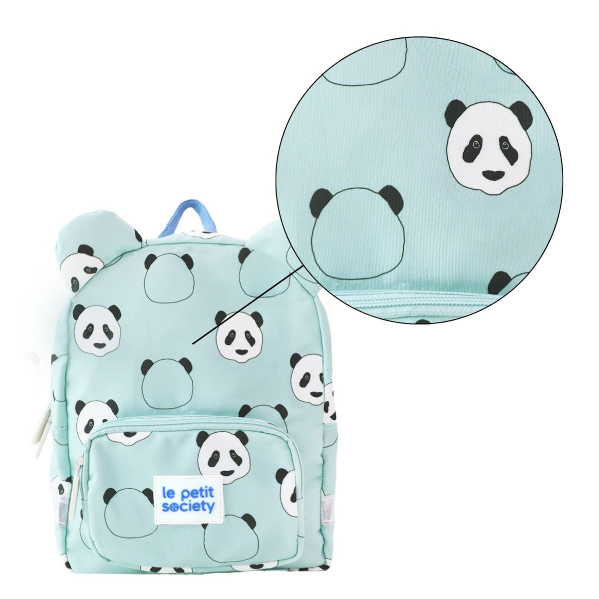 A close up of the panda print of a preschool bag.