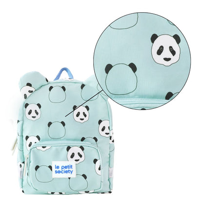 A close up of the panda print of a preschool bag.