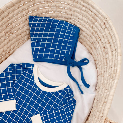 Organic Baby Bonnet Hat in Grid Print by Le Petit Society — image 4